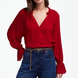 Madewell Top Womens Long-Sleeve Tie-Neck Blouse Red‎ Ruffle Semisheer Size S NEW